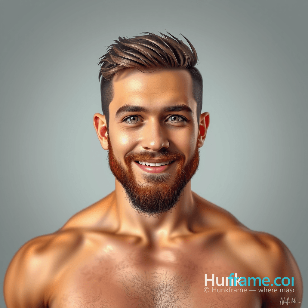 digital painting of a shirtless man with short brown hair styled upwards and green eyes. He has a fu