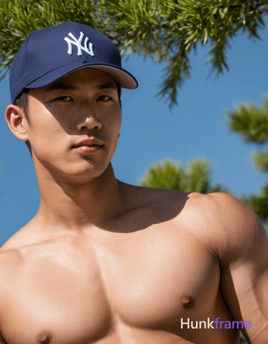 A young Asian man standing confidently in an outdoor setting with lush greenery and clear blue skies