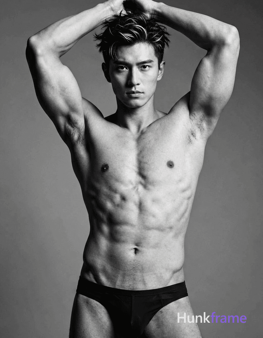 A handsome adult man with short tousled dark hair featuring subtle highlights stands shirtless in a 