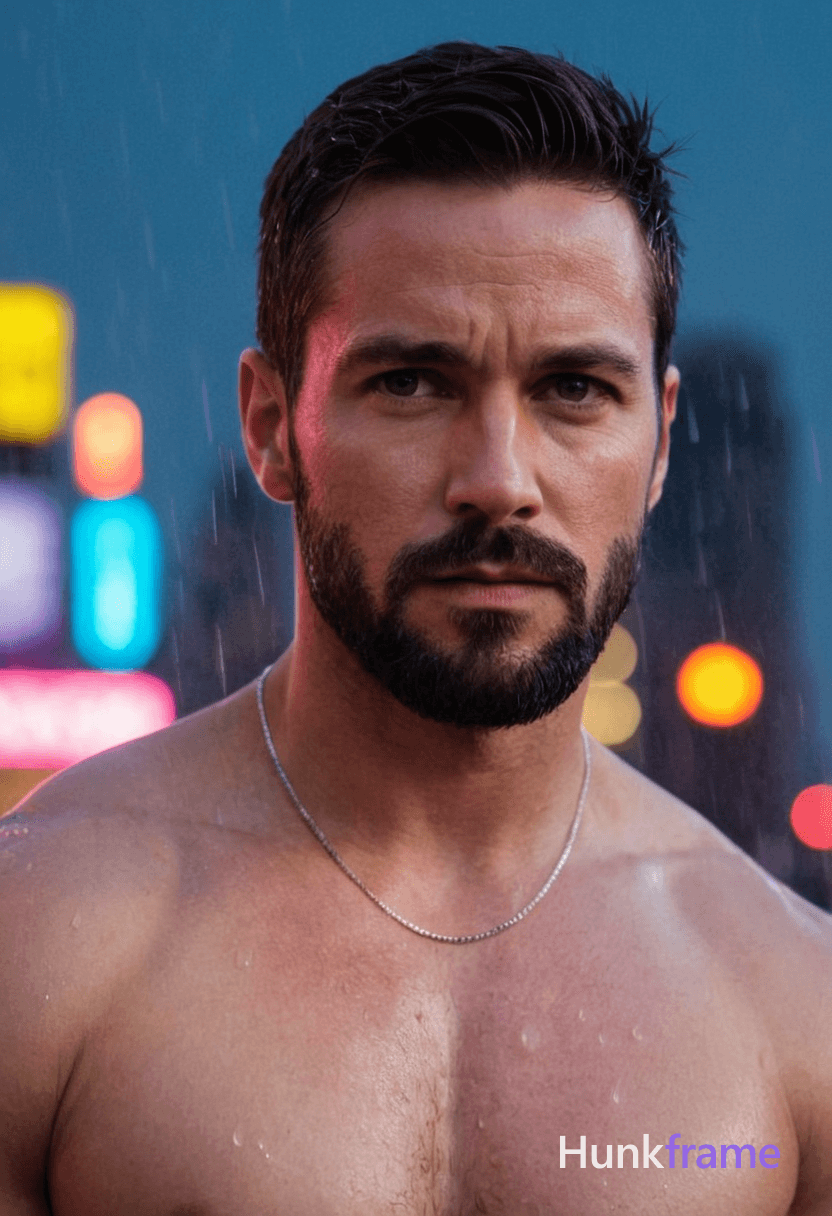 A muscular man with short dark hair, a beard, and serious expression stands confidently in a neon-li