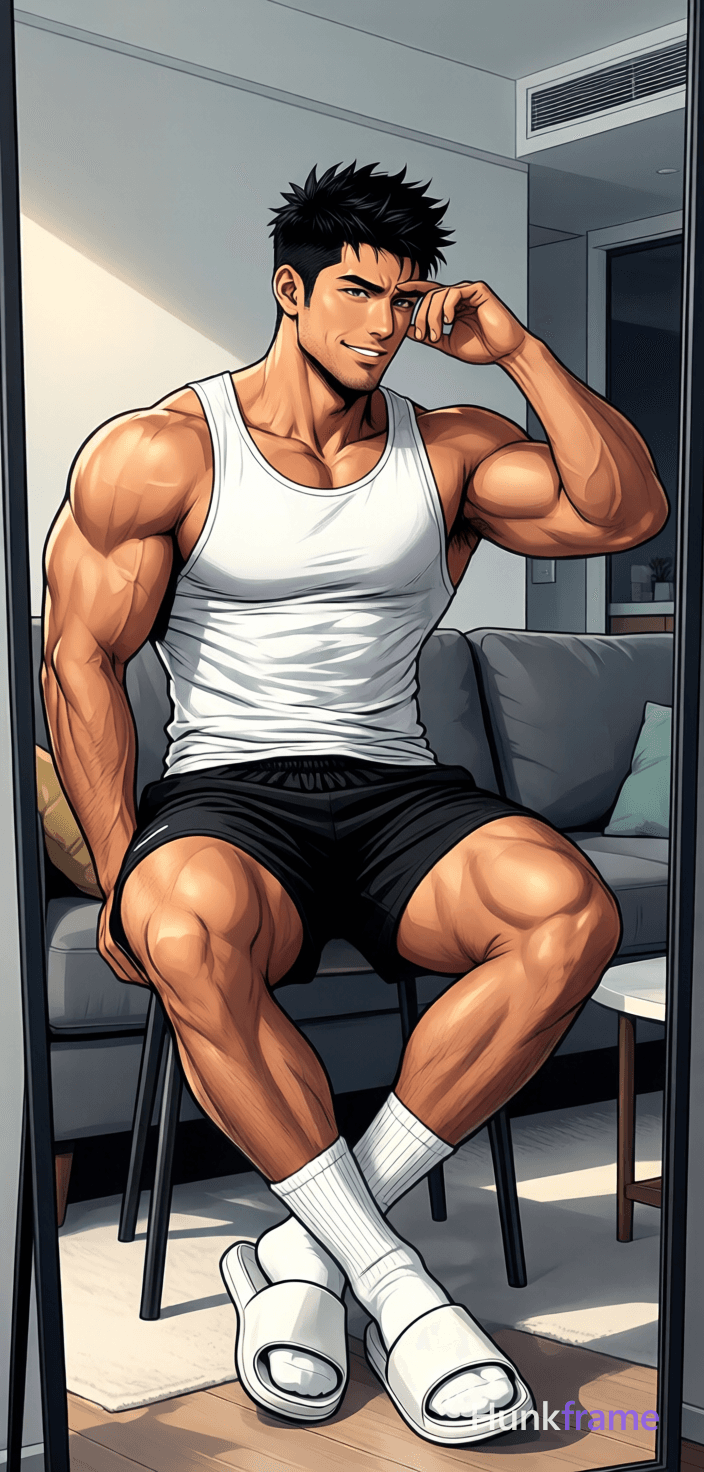 A candid lifestyle shot of a handsome adult man with medium-tan skin and short black spiky hair stan