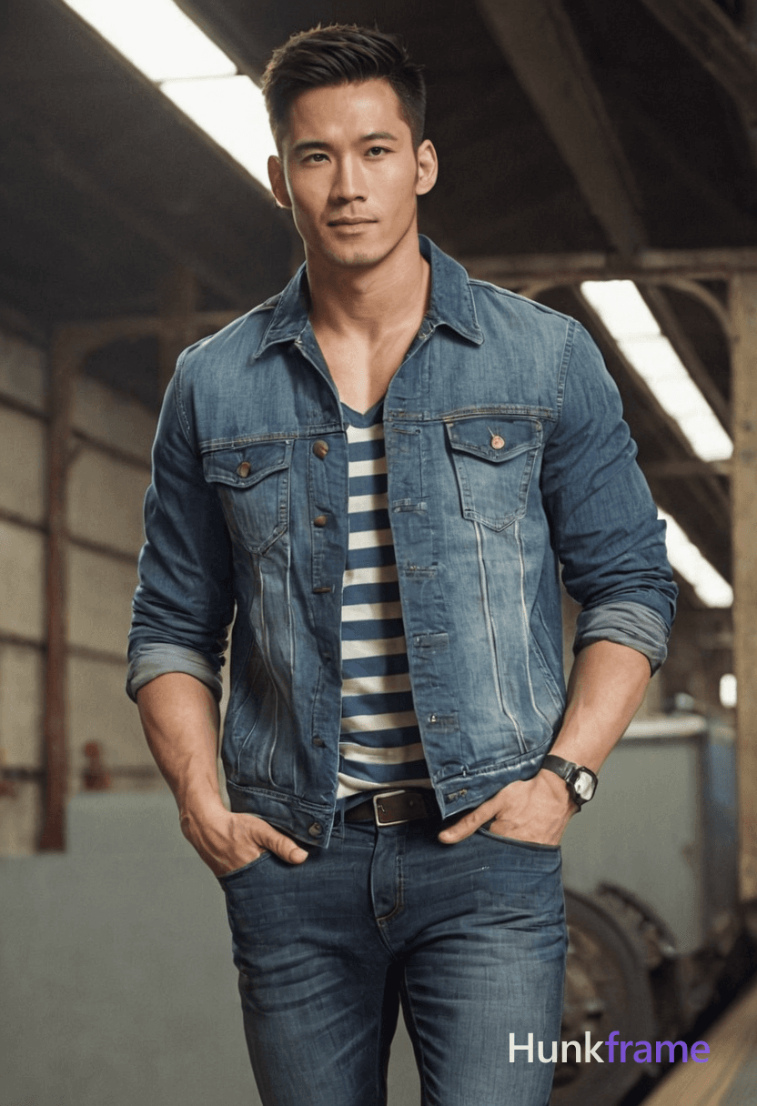 Photoreal photograph of a handsome masculine man standing with hands in pockets and slightly leaning