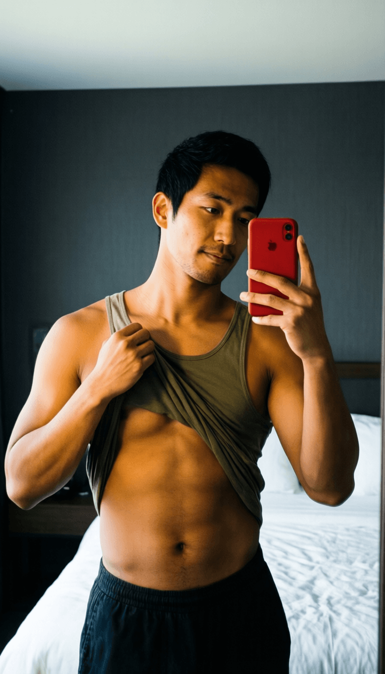 A handsome medium-brown skinned man with short black hair stands in a modern bedroom facing mirr