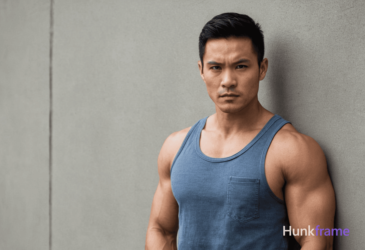 A handsome Asian man with short black hair, brown eyes, and a serious expression stands confidently 