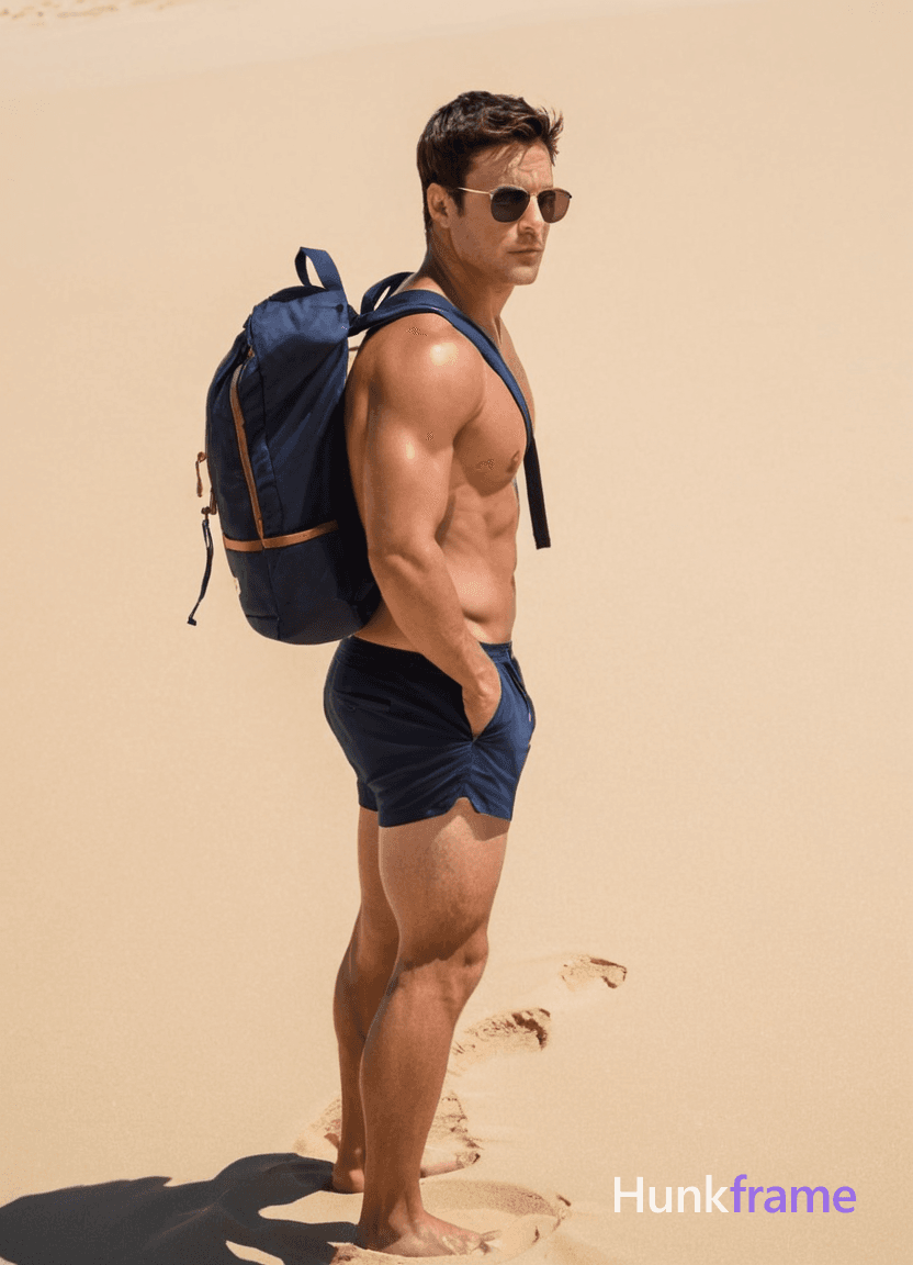A handsome an anonymous figure man stands on a vast, sandy beach under clear blue skies, wearing nav