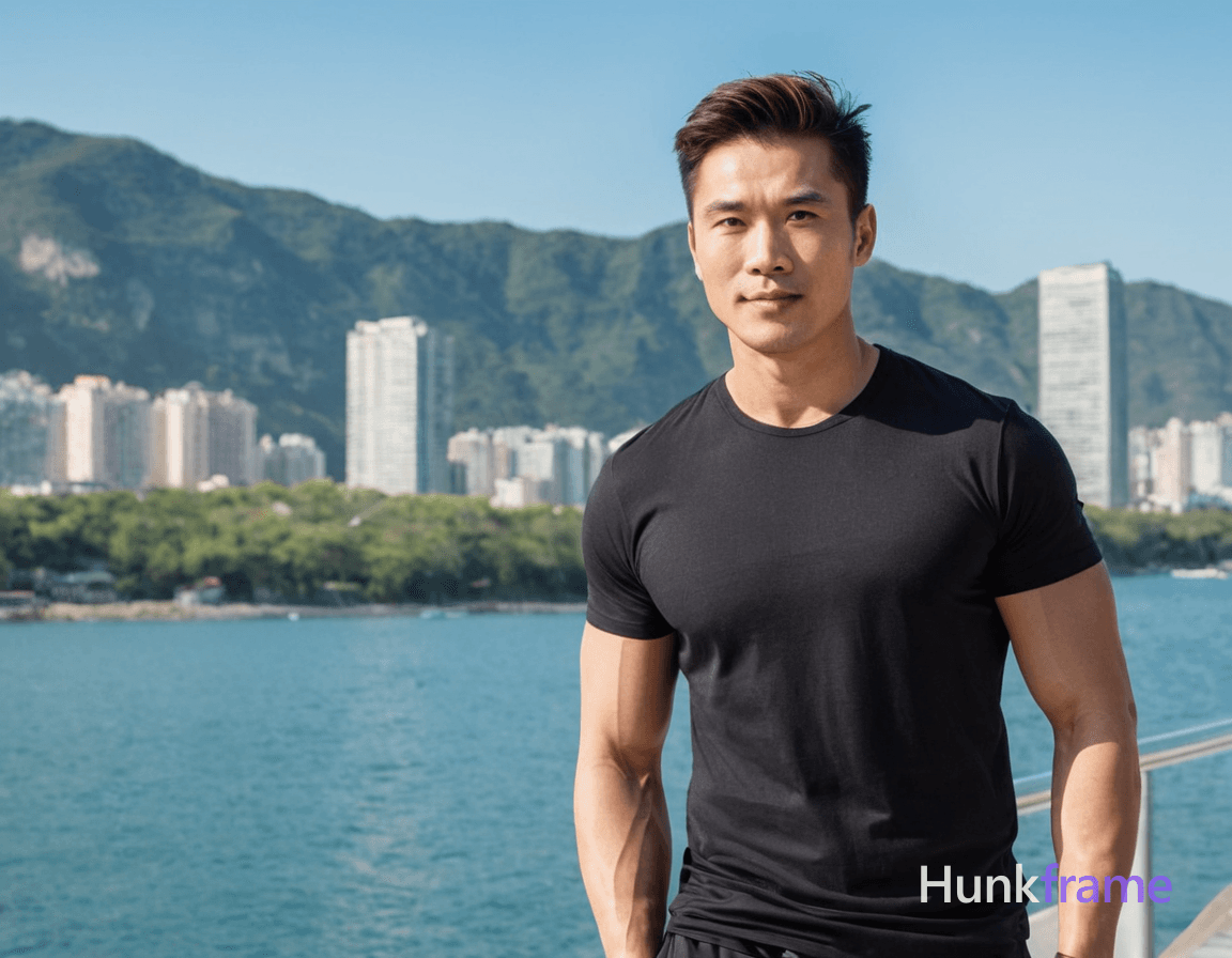 A handsome masculine man standing casually in bright daylight with a blue sky and water visible in t