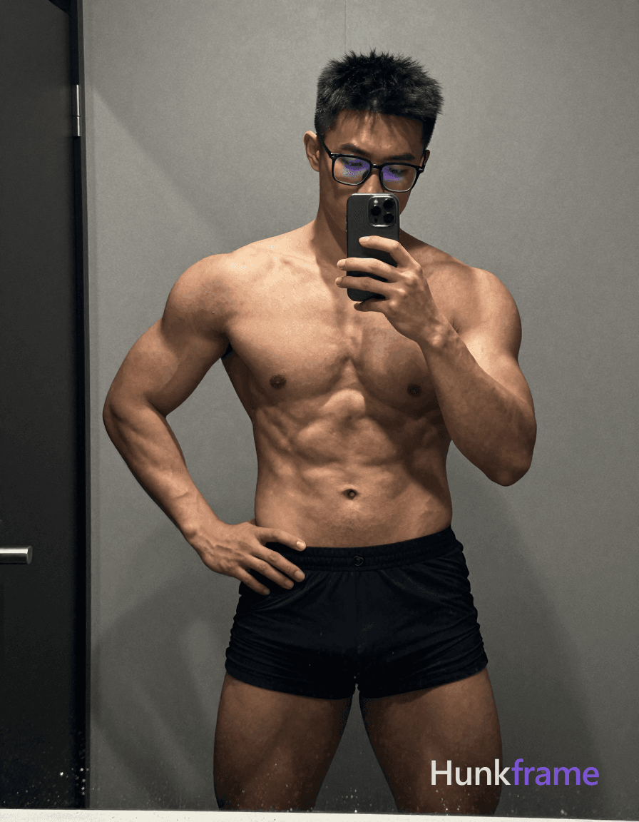 A shirtless muscular man taking a mirror selfie with one hand on his hip and the other holding a sma