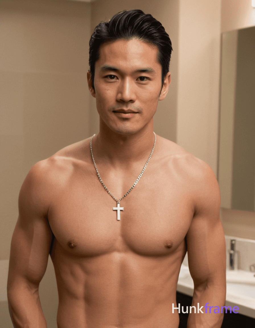 Photoreal photograph of a handsome masculine man standing shirtless with arms slightly bent at the e