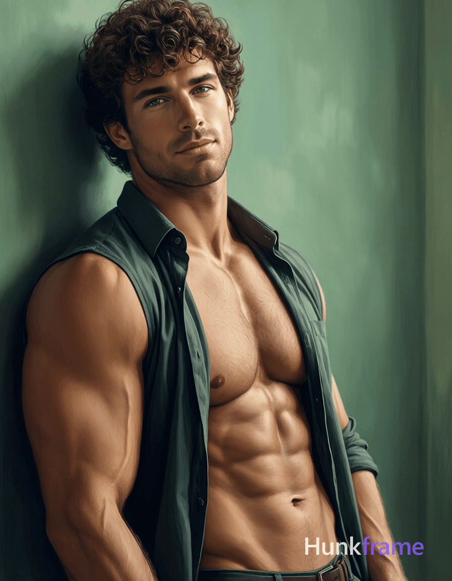 A digital painting of a shirtless man with a muscular torso leaning slightly to the side. He has bro