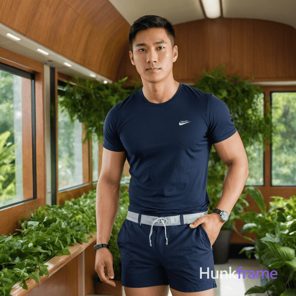 A young adult Asian man stands confidently in a well-lit garden beside a serene swimming pool, showc