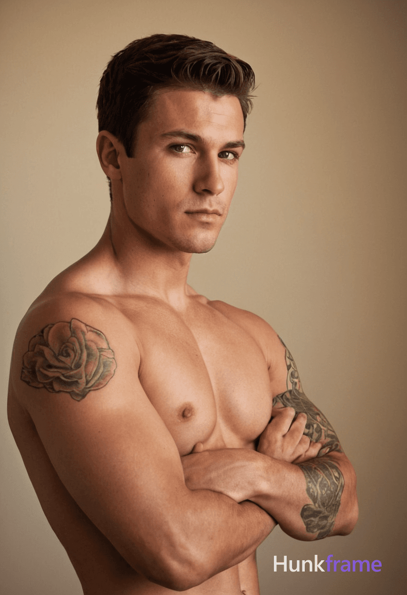 A muscular young man with short brown hair stands shirtless against a neutral background, his arms c