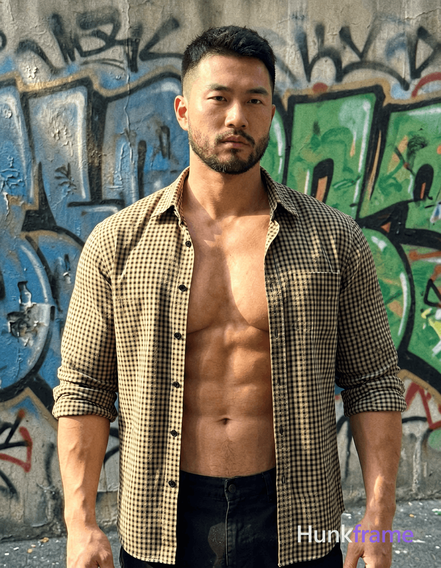 a muscular man standing confidently with his arms slightly bent at his sides, short dark hair and a 