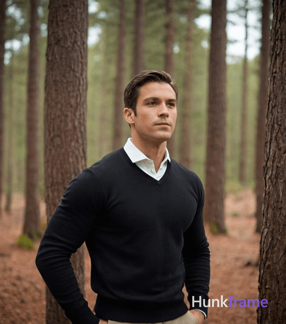 a handsome masculine man standing straight with his head slightly tilted forward, wearing a black sw