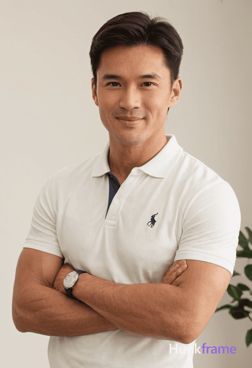 A handsome masculine man standing with arms crossed over his chest, leaning slightly forward. He has