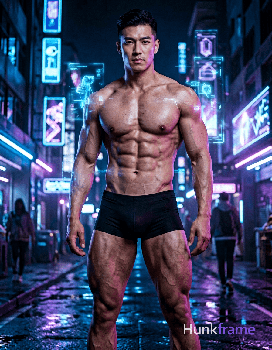 A handsome masculine man standing in a neon-lit cyberpunk cityscape with holographic aesthetics. The