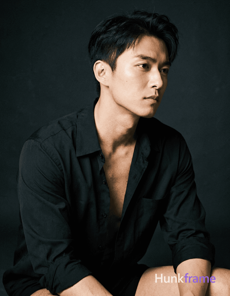 A handsome Asian man with a lean build sits leaning forward in left-center foreground, head turned s
