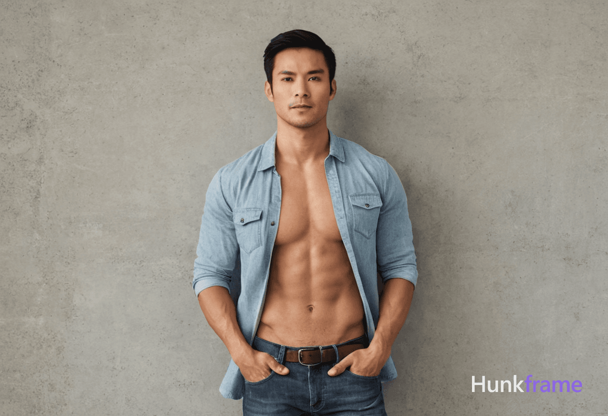 A handsome Asian man with short black hair and brown eyes, standing straight against a textured gray