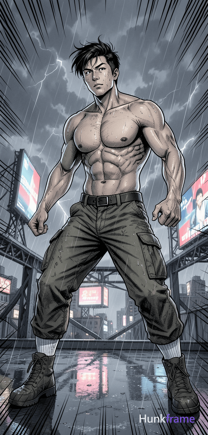 A full-body manga illustration of a handsome muscular Asian man in dynamic mid-battle stance on a st