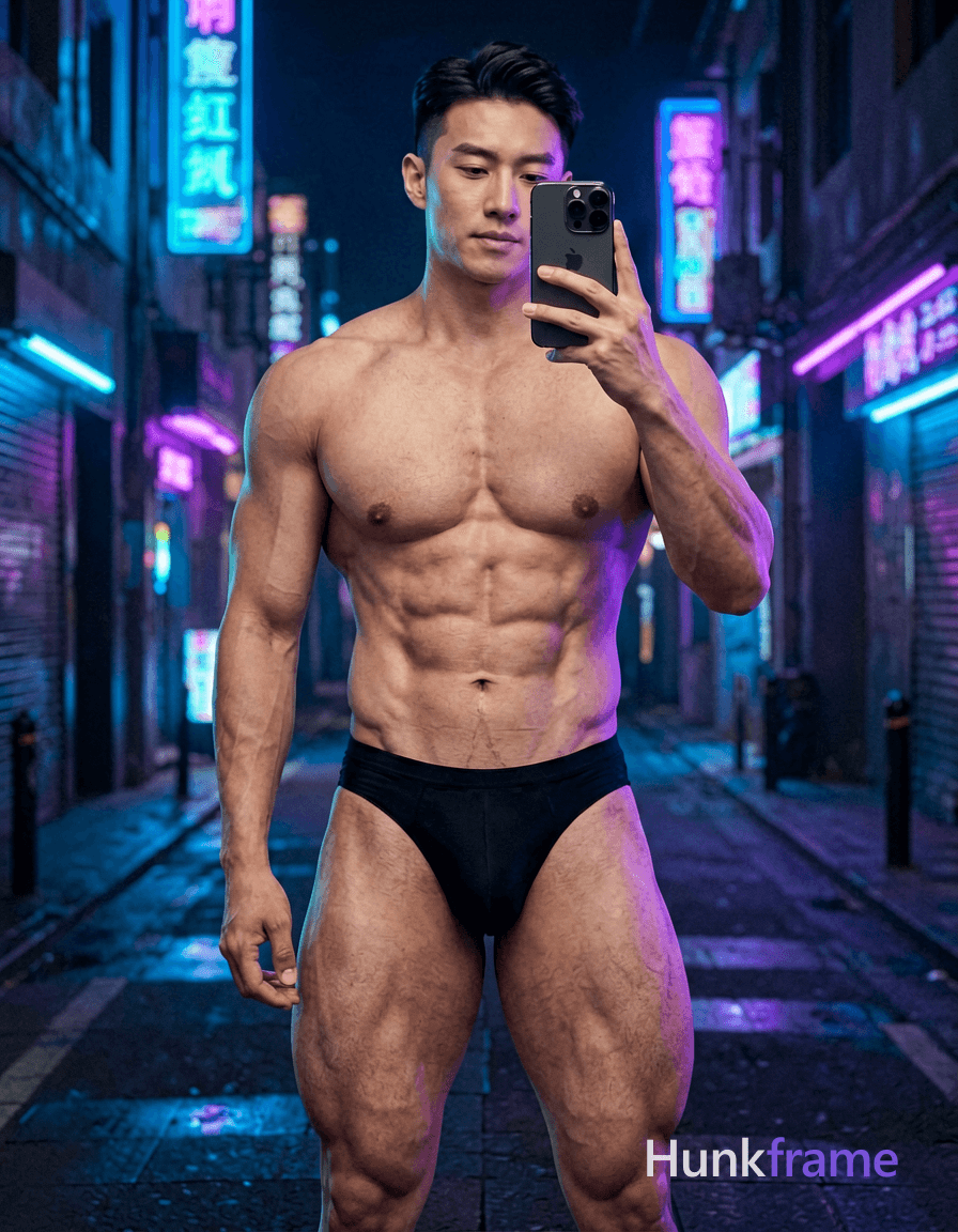 A handsome masculine man standing in a neon-lit cyberpunk cityscape with holographic aesthetics. The