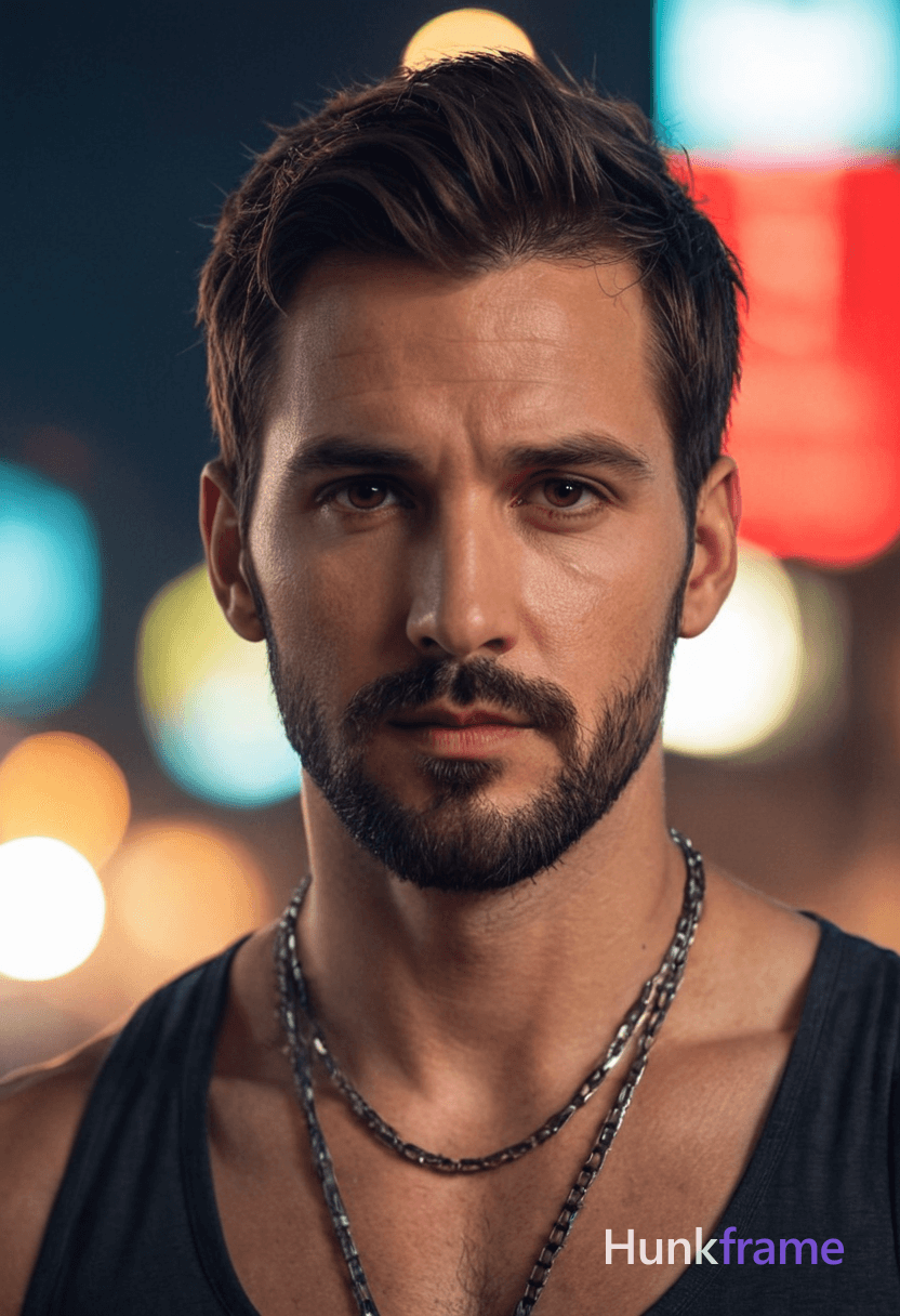 digital painting of a handsome masculine man with short dark messy hair, beard and mustache, serious