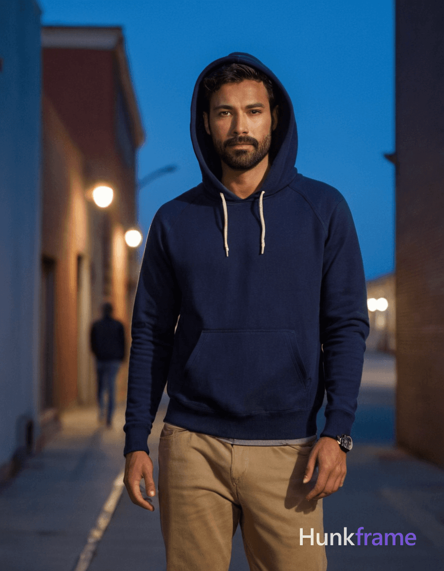 A an anonymous figure man with tan skin and a dark beard shadow stands in an urban alleyway at dusk.