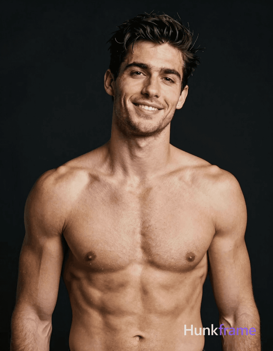 A handsome white man with short dark hair and a side parting stands shirtless against a deep black s