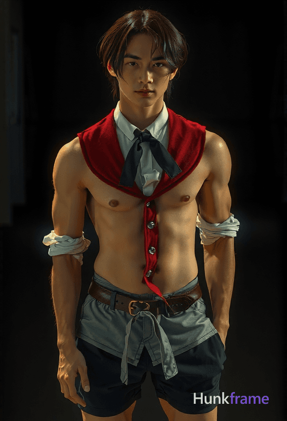 A Japanese man with soft masculine features stands shirtless, his straight black hair falling around