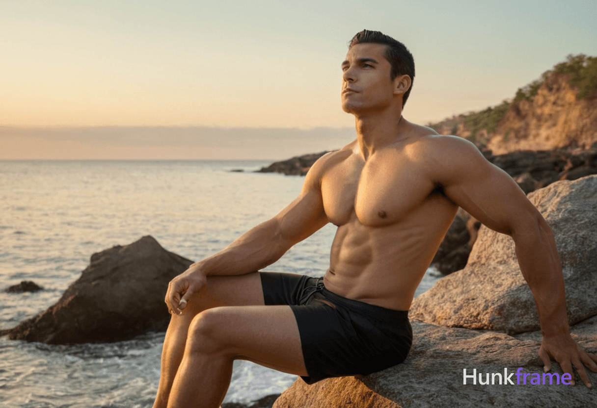A muscular man sitting on a rocky shoreline at sunset, his posture relaxed yet strong. He is shirtle