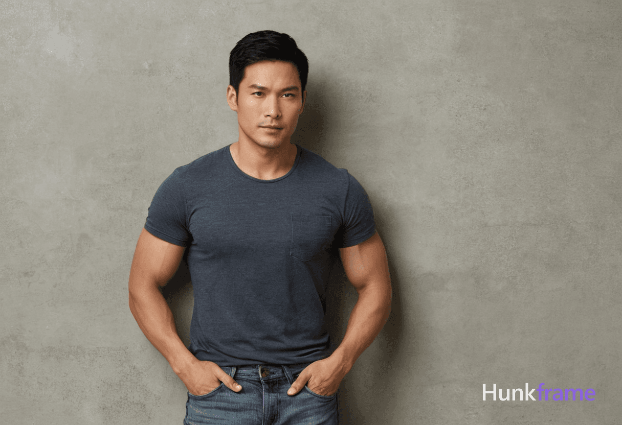 A handsome Asian man with short black hair and brown eyes, standing straight against a textured gray