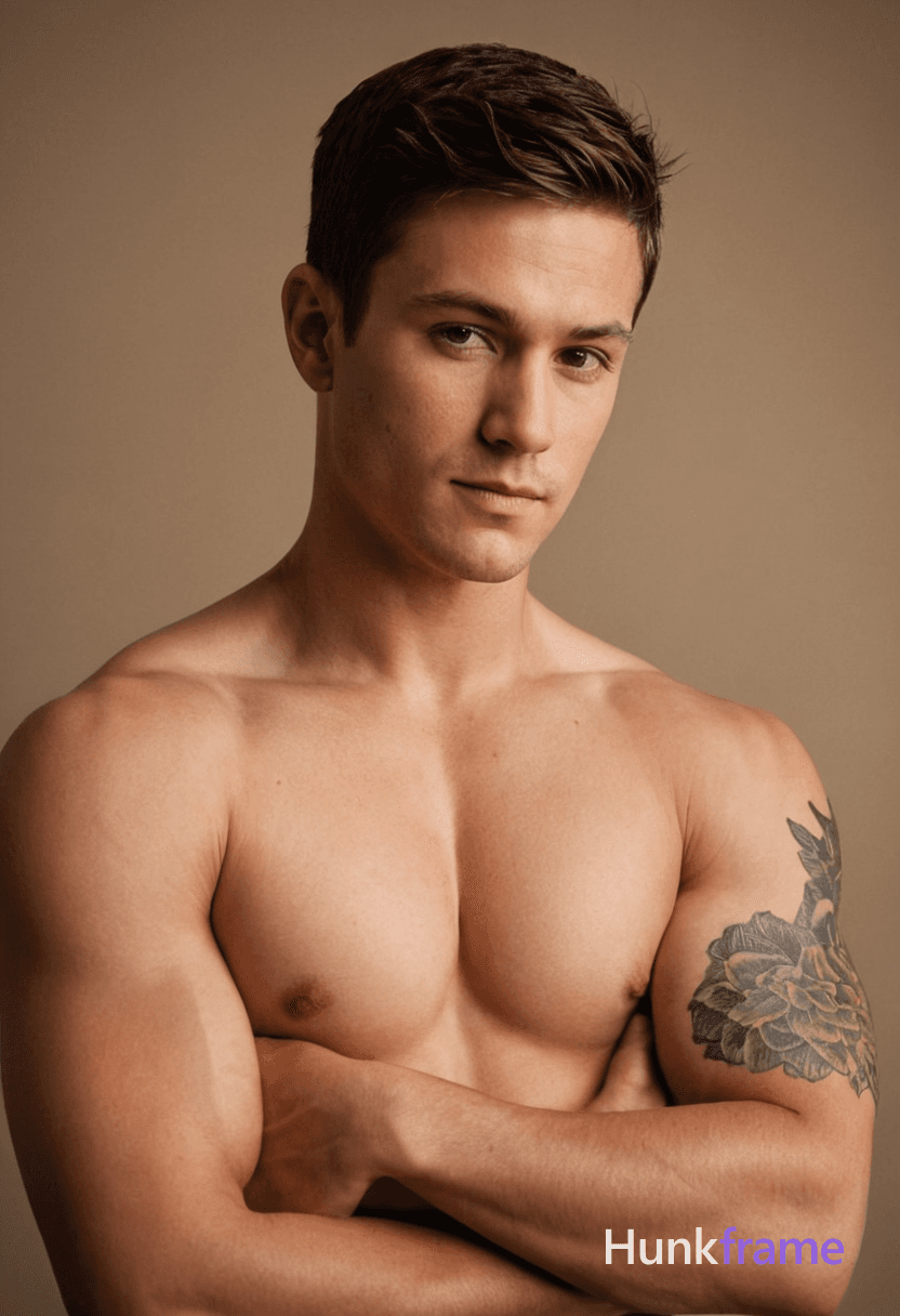 A muscular young man with short brown hair stands shirtless against a neutral background, his arms c