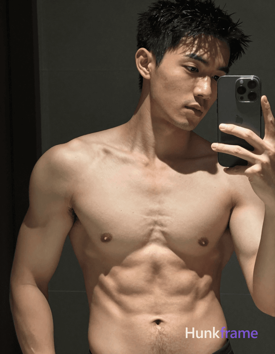 A handsome masculine man standing with a slight lean forward, shirtless, with defined abs and broad 