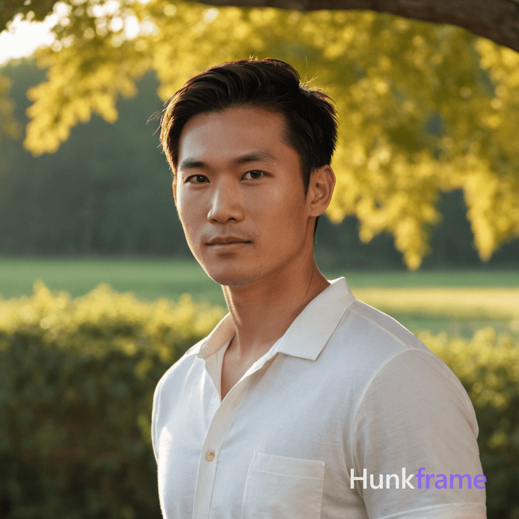 A handsome Asian male in his mid-twenties stands confidently on an open road at sunset, dressed casu