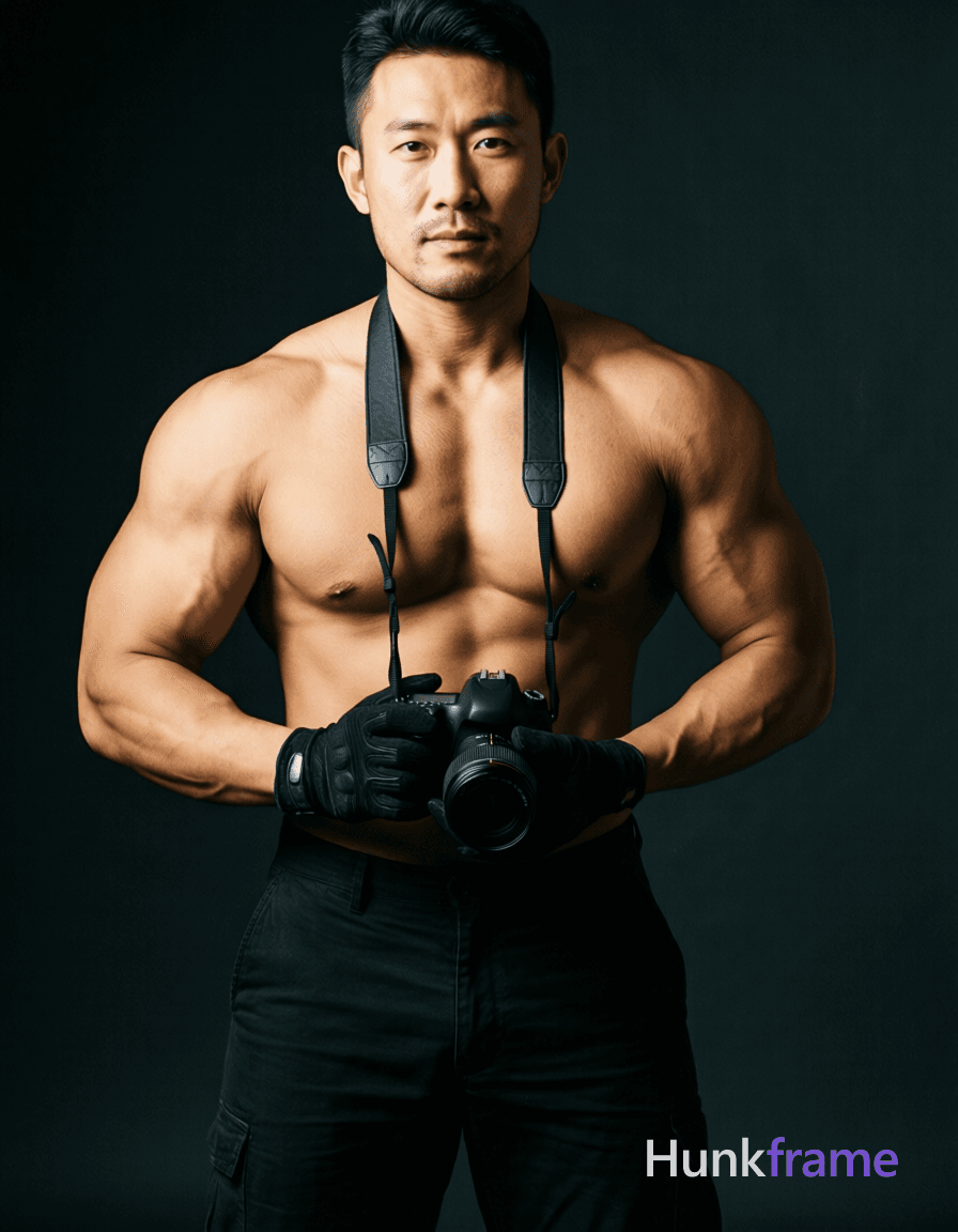 A handsome Asian man photographed in a photorealistic editorial style. He is shirtless with black pa