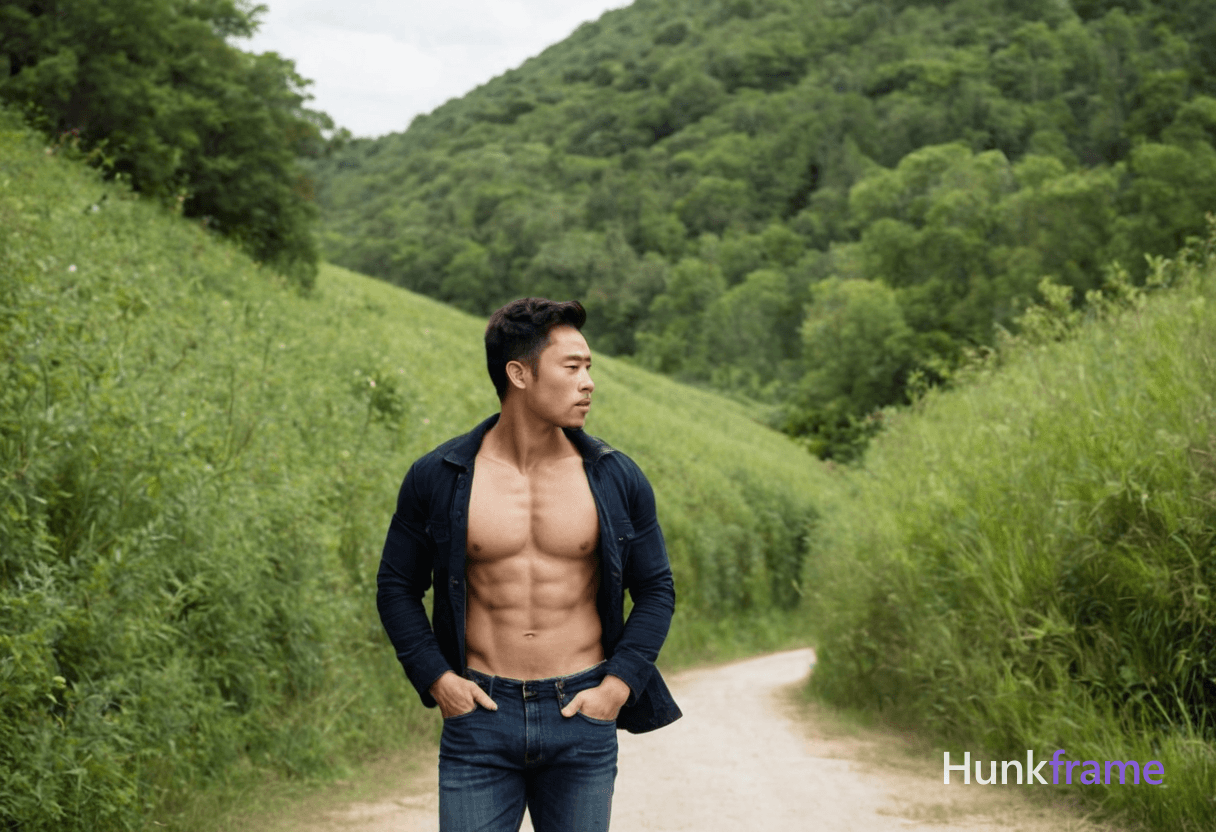 A muscular Chinese man with short beard and curly hair stands in a serene countryside, shirtless and