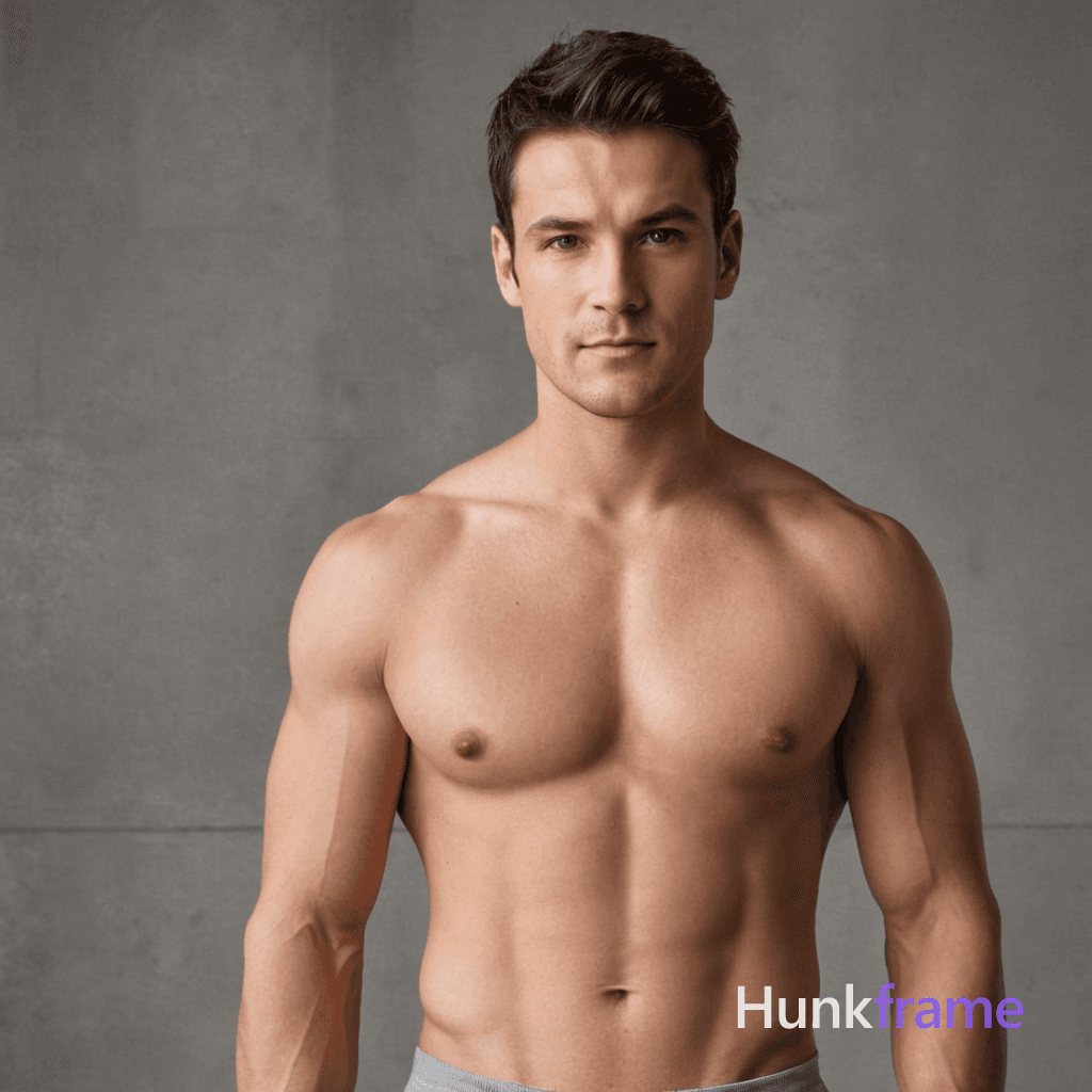 A handsome an anonymous figure man standing against a neutral gray background, shirtless with short 