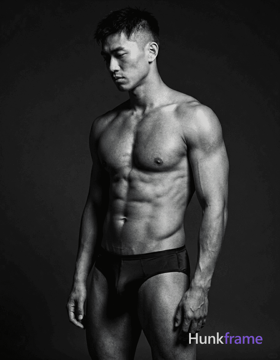 A handsome Asian man with medium-dark skin stands in a dramatic studio portrait, captured head-to-mi