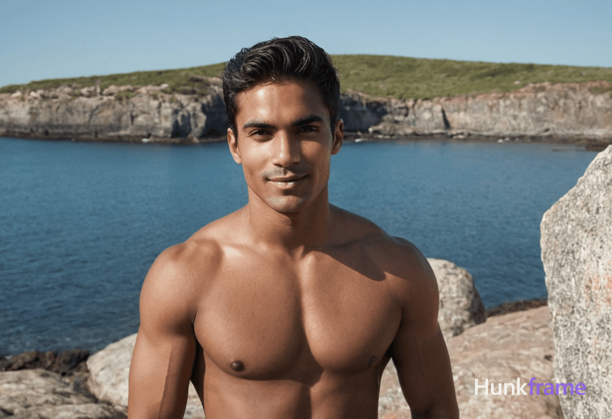 A an anonymous figure man with medium brown skin and thick brows stands on a rocky shoreline during 
