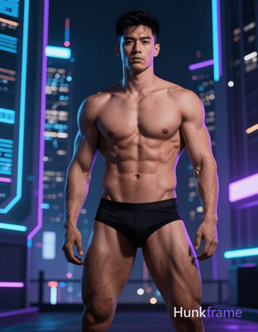 A handsome masculine man standing in a neon-lit cyberpunk cityscape with holographic aesthetics. The