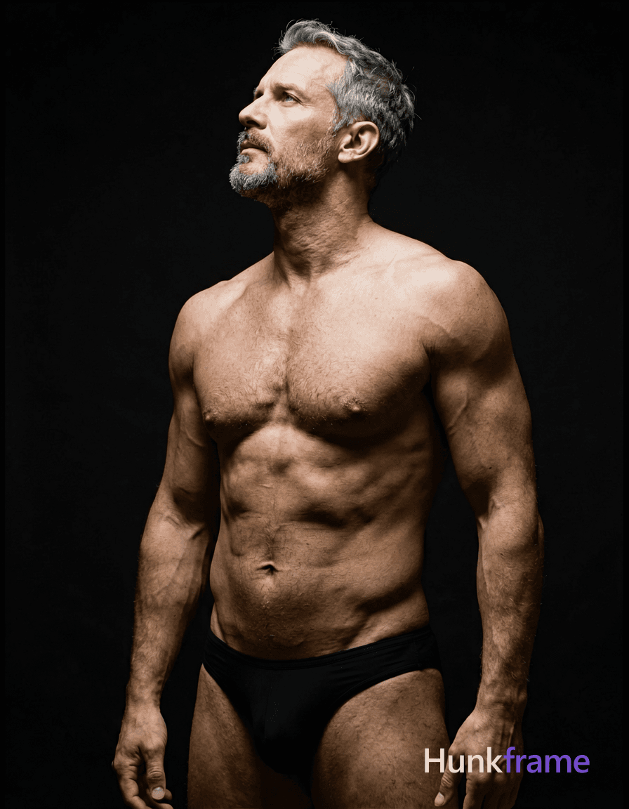 A handsome white man in his forties with short graying hair and a goatee stands shirtless against a 