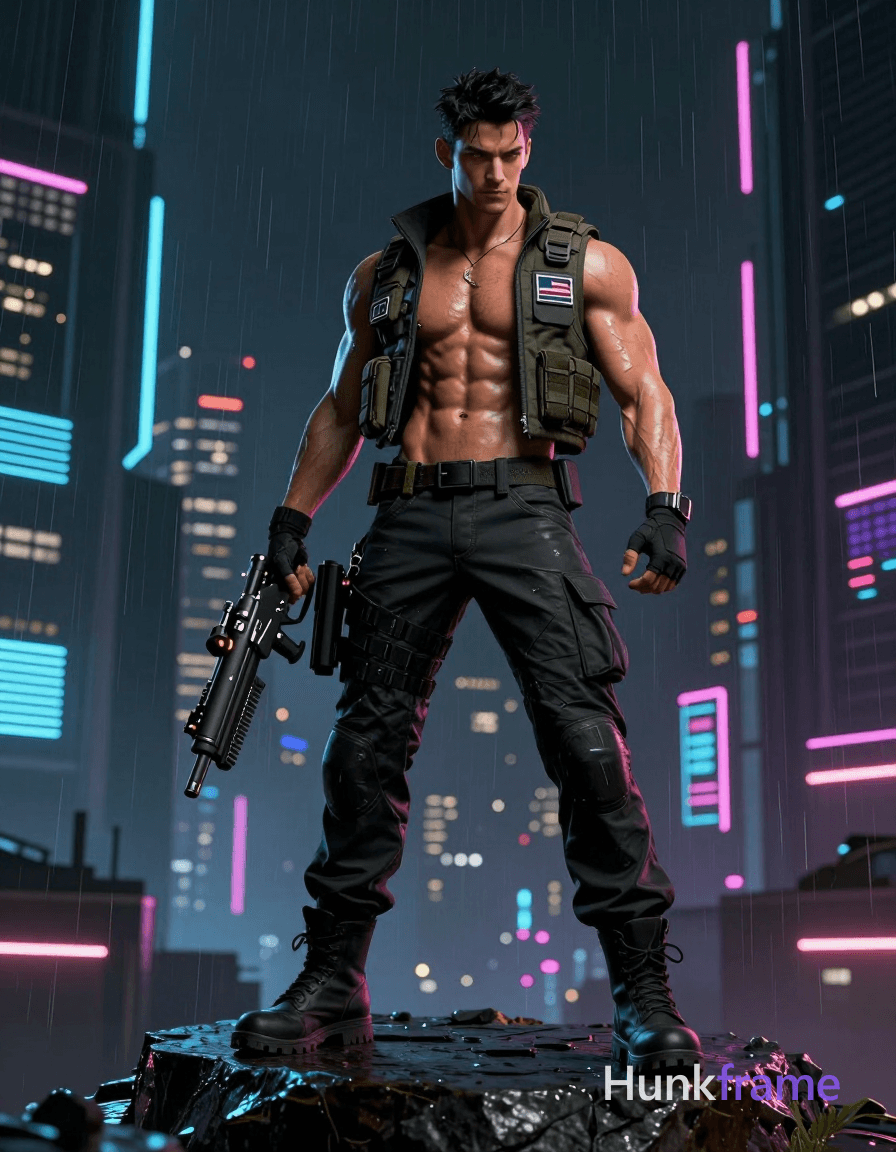 A handsome masculine man standing on a rocky pedestal with a futuristic weapon in a cyberpunk citysc