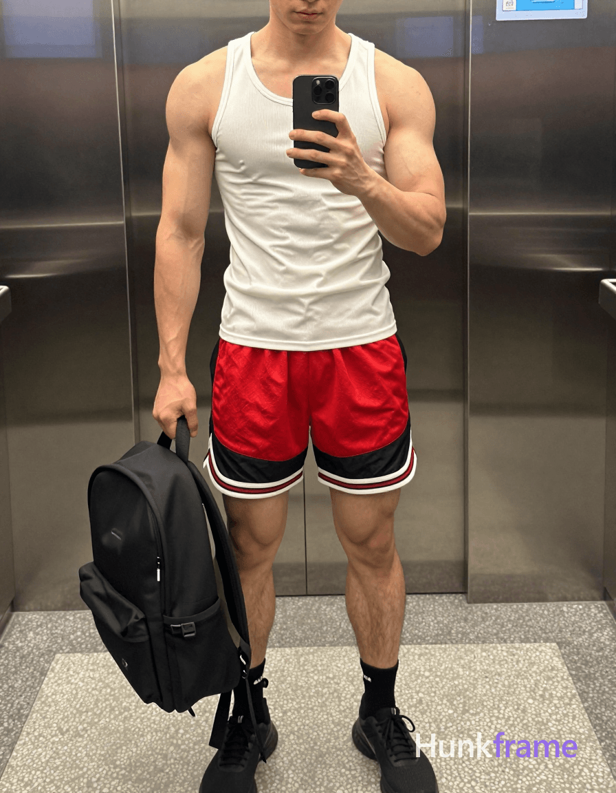 A handsome Asian man standing with his torso slightly leaned forward, holding a phone with one hand 