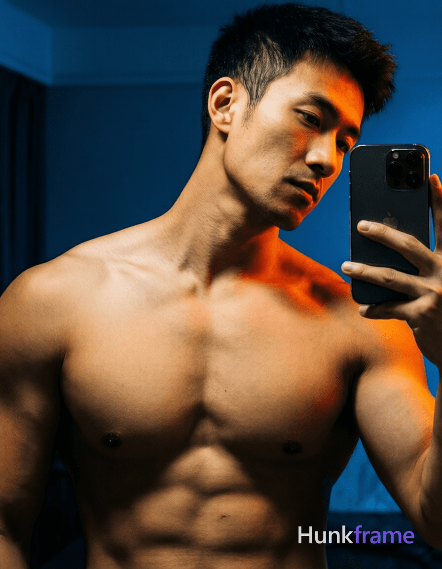A handsome masculine male standing with his head slightly tilted to the side, shirtless and showcasi