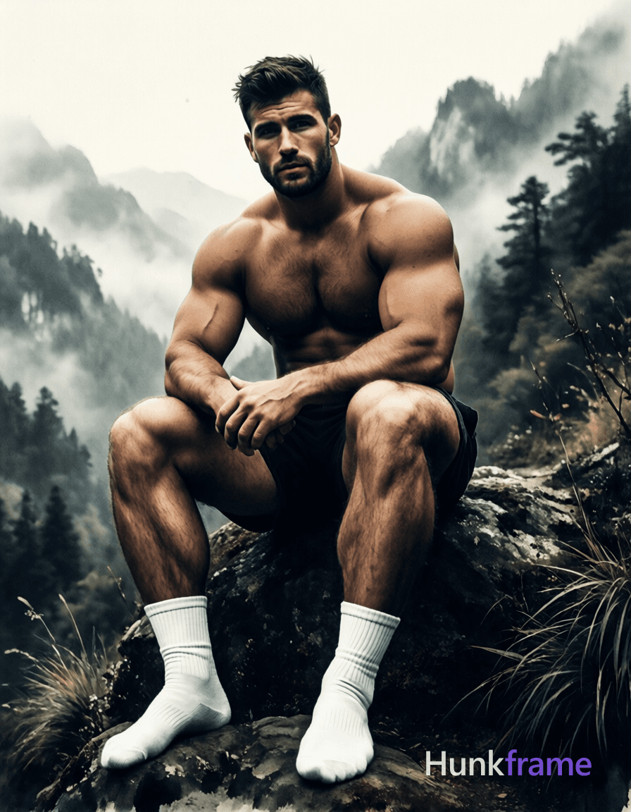 handsome masculine man in an ink wash painting style, seated with a full body crop, shirtless and th