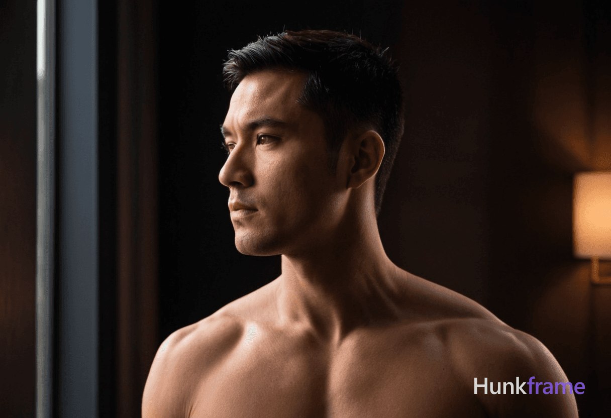 Asian man with short black hair, dark brown eyes, standing side profile against a dark moody backdro