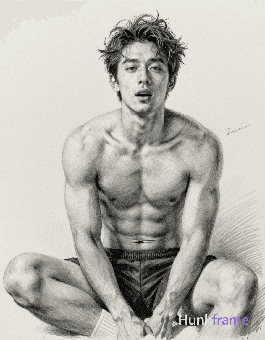 pencil sketch of a handsome masculine man with tousled hair, shirtless, head tilted slightly forward