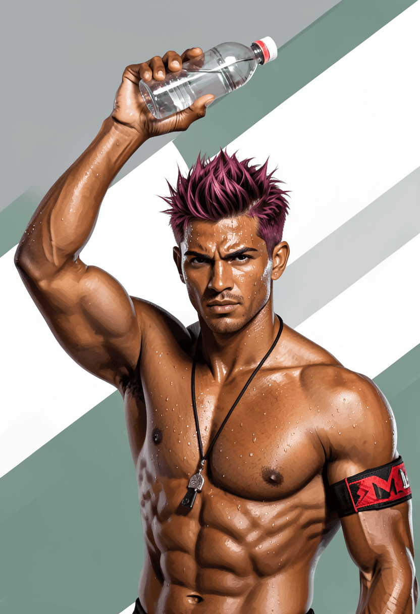 A striking medium-brown skinned man with short spiky reddish-purple hair and sweat droplets stands shirtless, displaying highly muscular chest and shoulders. He holds a transparent bottle above his head while wearing a black cord necklace and red-and-black armband on the left arm against an abstract gray-green-white background with diagonal panels. Clean negative space frames intense focused gaze under soft directional lighting from upper left. The vertical portrait composition uses painterly brushwork to create full-bleed phone wallpaper, emphasizing dynamic motion lines and premium masculine aesthetic., a single uninterrupted photograph only, no written words or typography anywhere in frame, no captions, no app UI, no social-media post layout, no screenshot borders