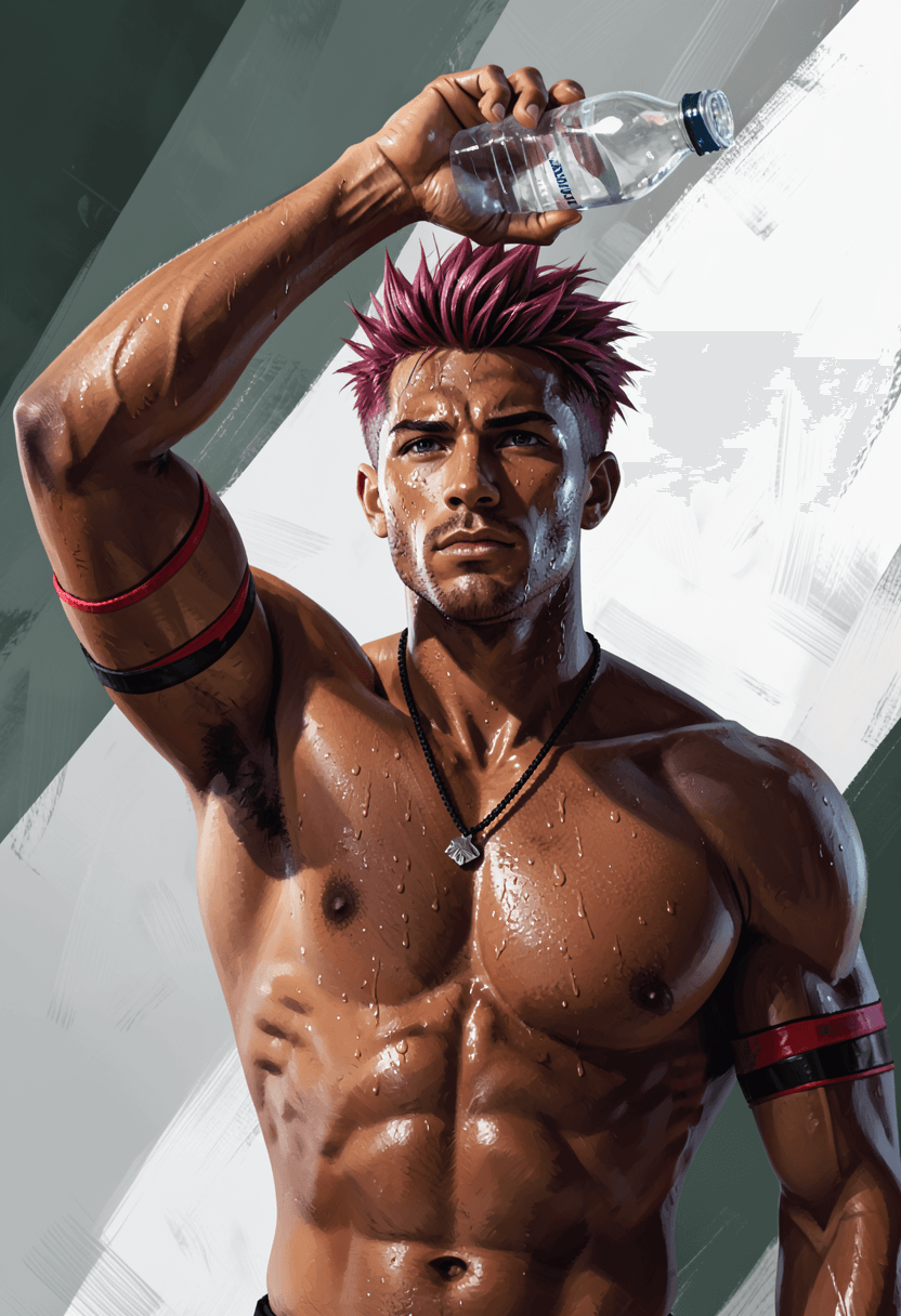 A handsome medium-brown skinned man with short spiky reddish-purple hair and sweat droplets stands shirtless, displaying highly muscular chest and shoulders. He holds a transparent bottle above his head while wearing a black cord necklace and red-and-black armband on the left arm. Dramatic directional lighting from upper left casts strong shadows across wet skin against an abstract gray-green-white background with diagonal panels. The composition is a vertical portrait close-up emphasizing painterly brushwork, intense athletic mood, and dynamic motion lines suggesting post-exertion energy., a single uninterrupted photograph only, no written words or typography anywhere in frame, no captions, no app UI, no social-media post layout, no screenshot borders