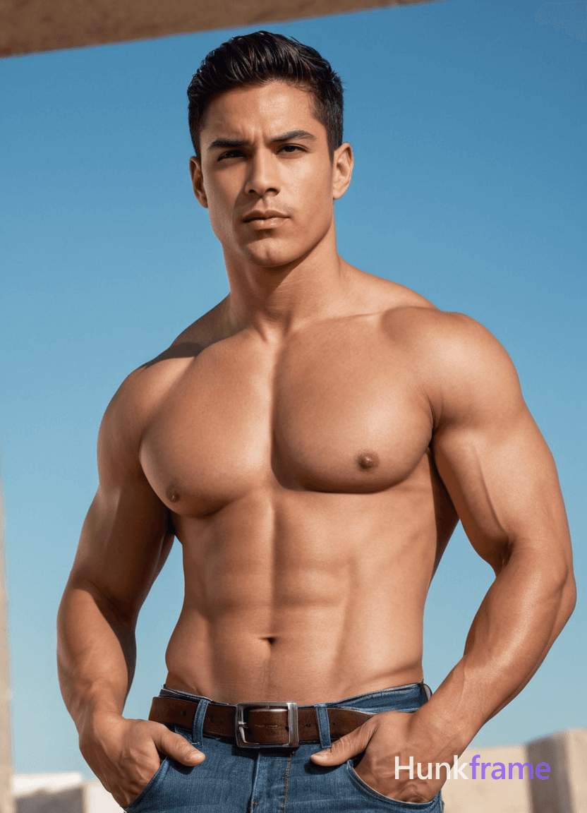 A muscular Hispanic male stands against a neutral-colored backdrop in a full-body pose with hands on