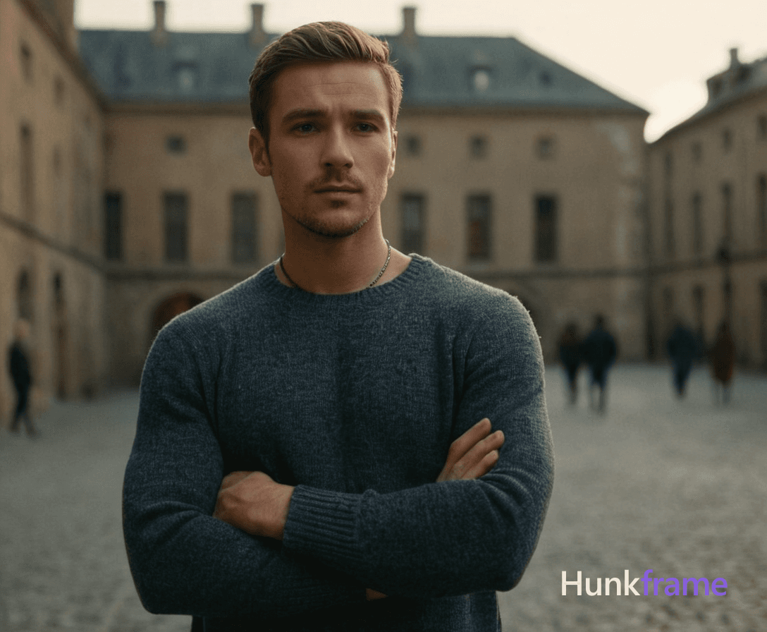 A Slavic man with pale skin and ash blond stubble stands in a dimly lit, cobblestone courtyard of an