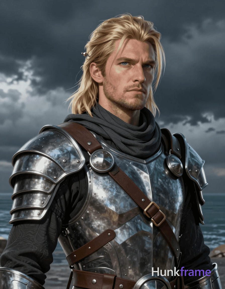 A high-detail digital illustration of a handsome Caucasian man with fair skin and shoulder-length bl